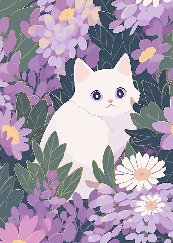 White Cat Among Purple Flowers