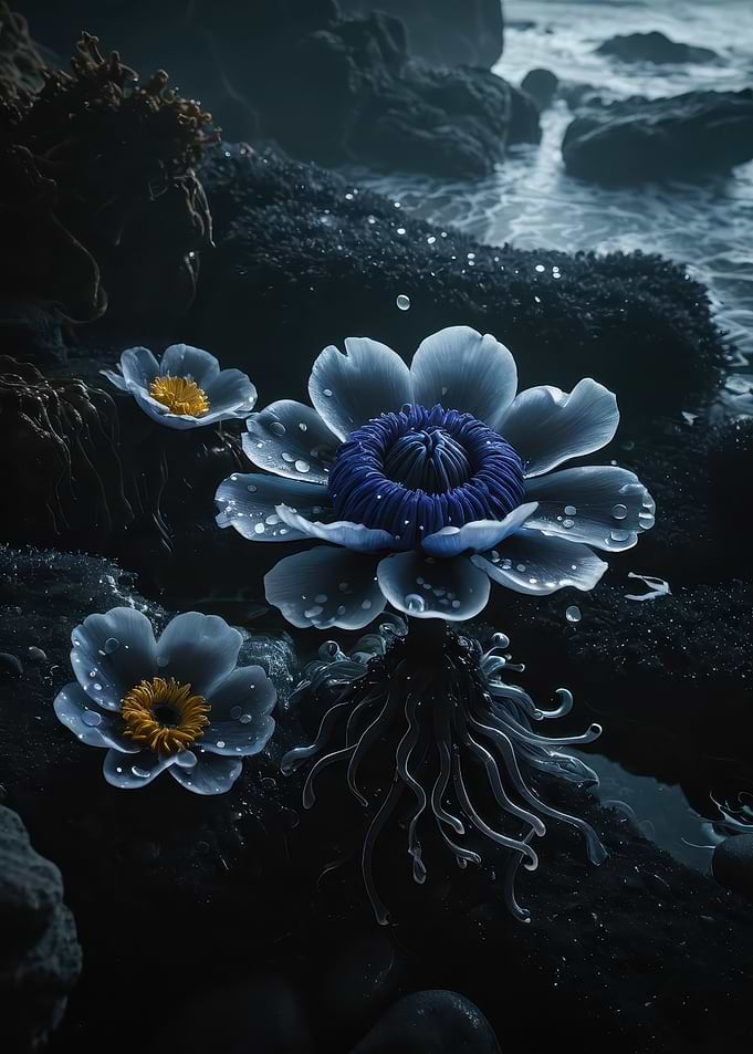 Luminous Ocean Bloom — Surreal Dark Blue Sea Flowers