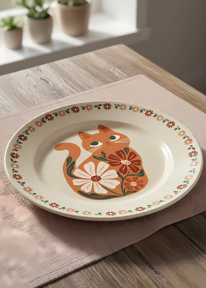 Orange Cat Plate with Floral Border