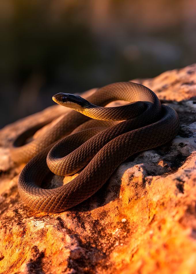 Snake coiled on a rock at sunset
