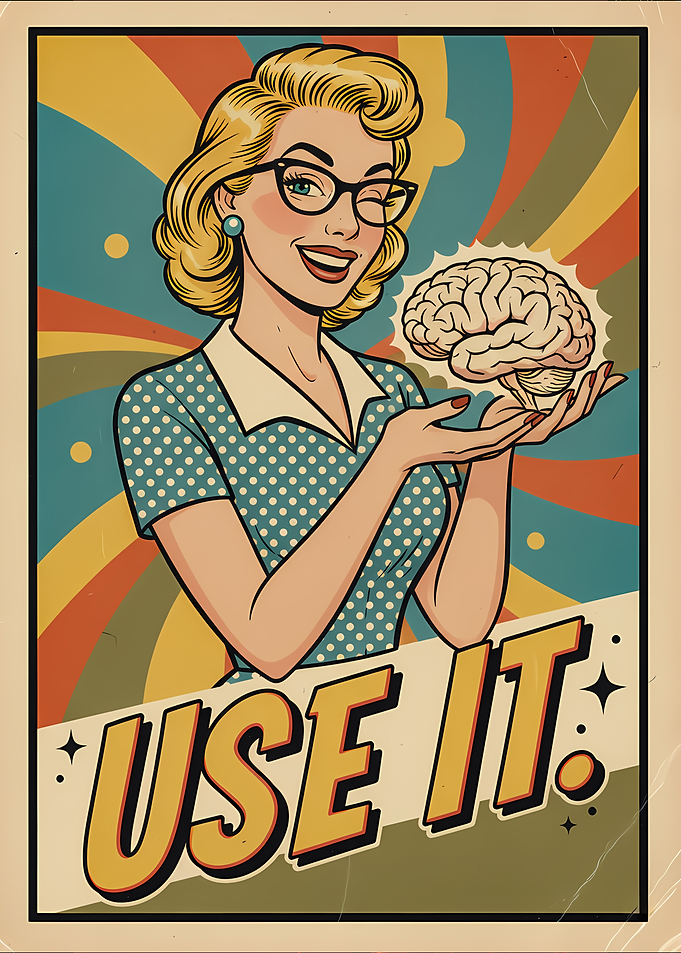 Woman Holding Brain with 'Use It' Text