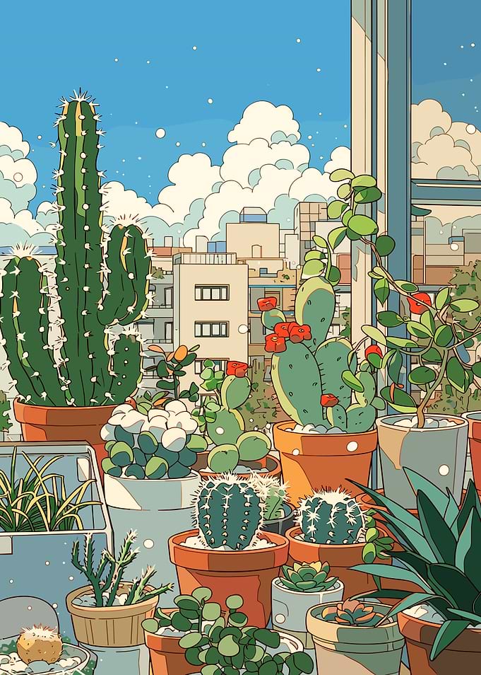 Anime cityscape with potted plants