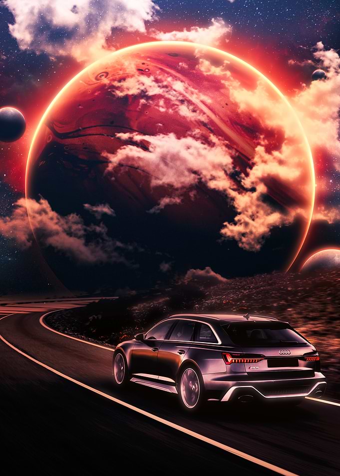 Car driving on a road with planets