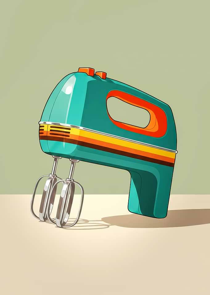 Mid Century Retro Hand Mixer Art - 70s Striped Appliance Poster - Vintage Teal Orange Kitchen Wall Decor