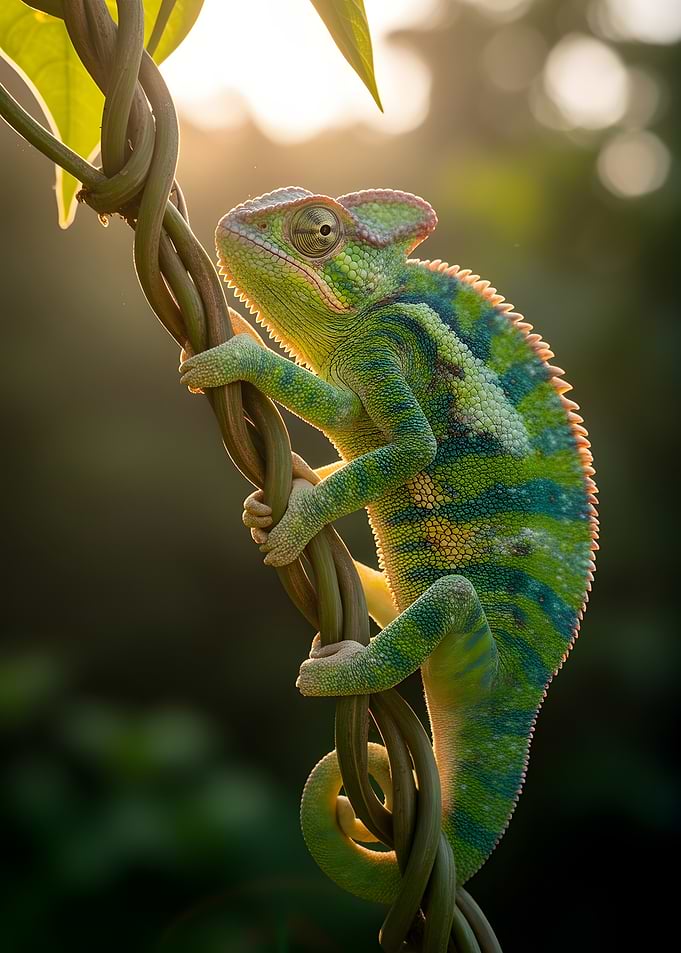 Chameleon on a vine in sunlight