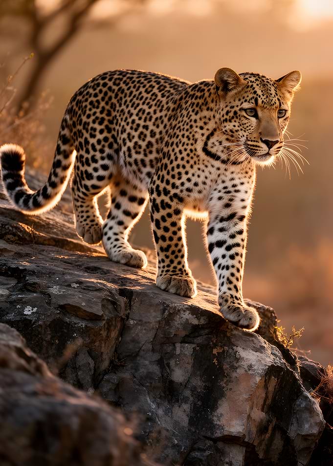 Leopard on a rocky outcrop at sunset