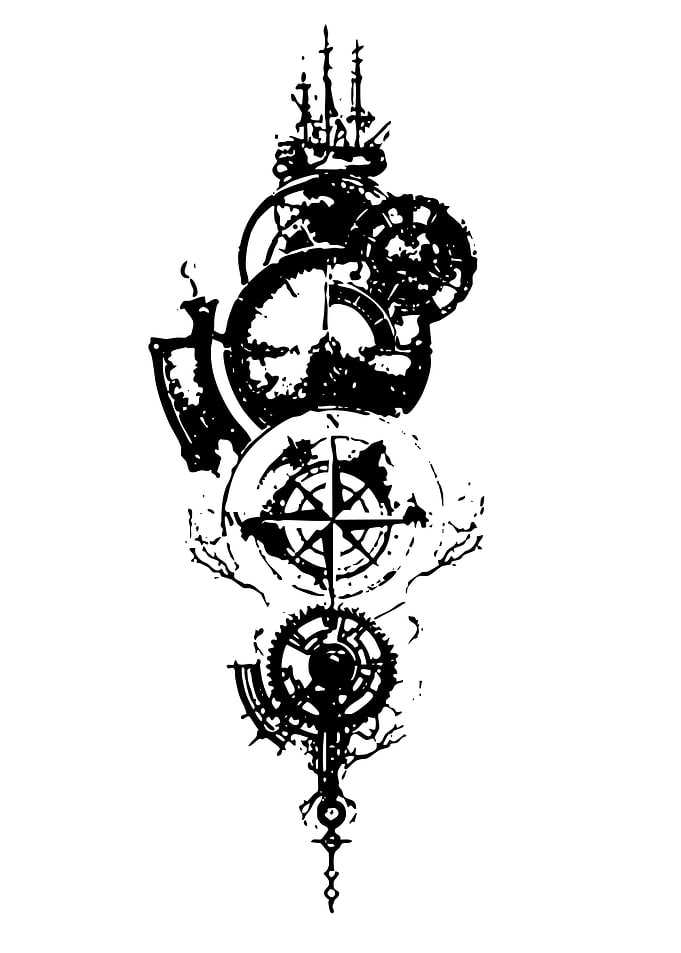 Steampunk Compass and Gears Tattoo Design