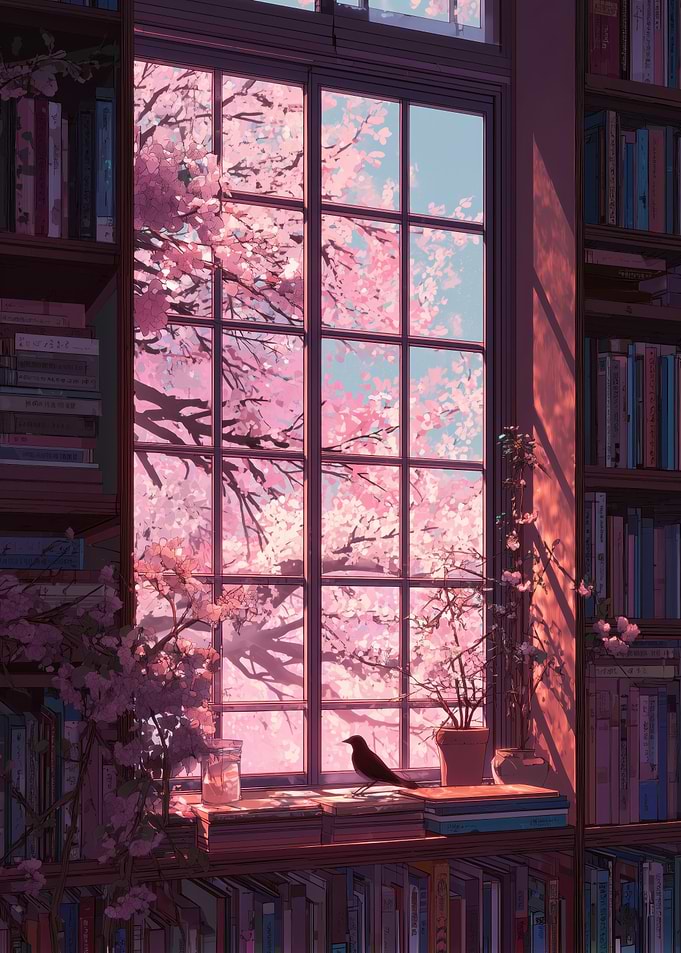 Anime Library Window with Cherry Blossoms