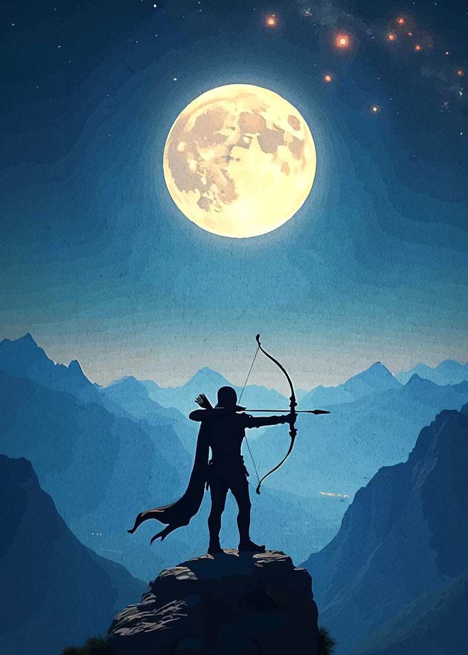 Archer silhouetted against a full moon