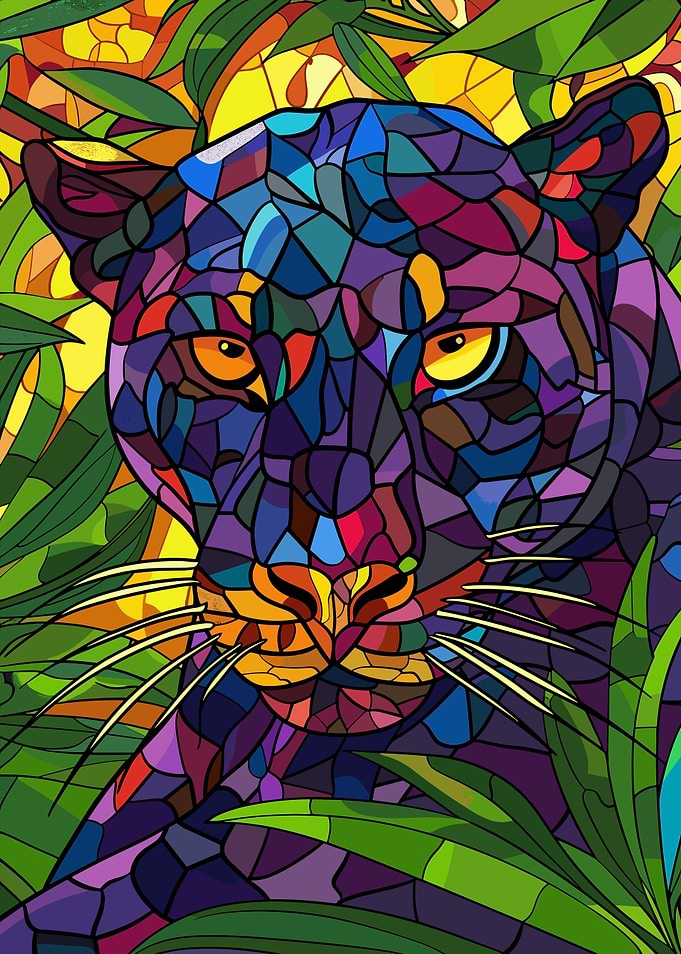 Stained Glass Black Panther in Jungle