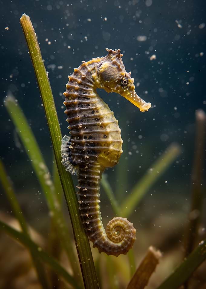 Seahorse clinging to seagrass