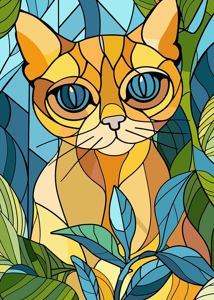 Stained Glass Cat Among Leaves