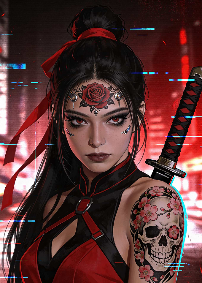 Cyberpunk Samurai Woman with Rose Tattoo