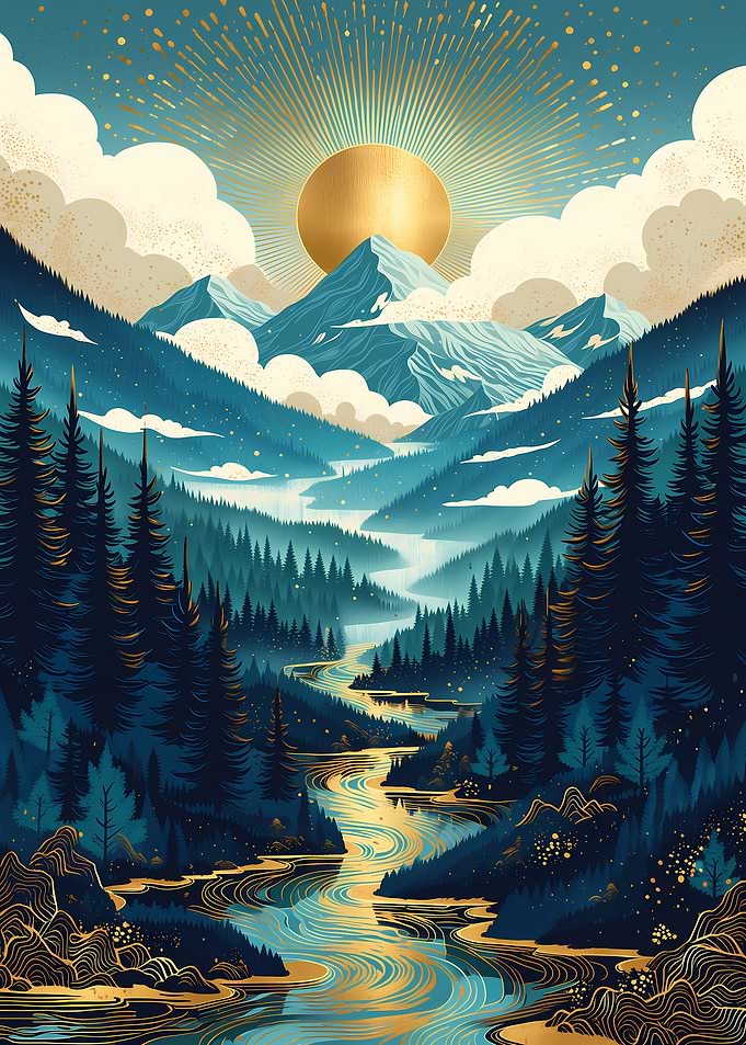 Golden Sun Over Mountain River Valley
