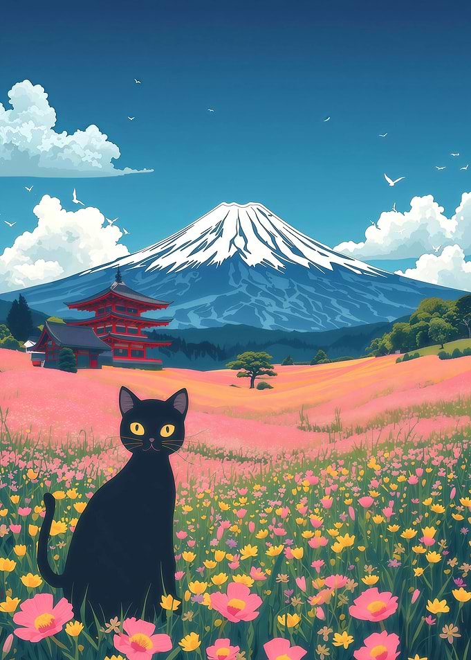 Black Cat in a Field of Flowers with Mt. Fuji