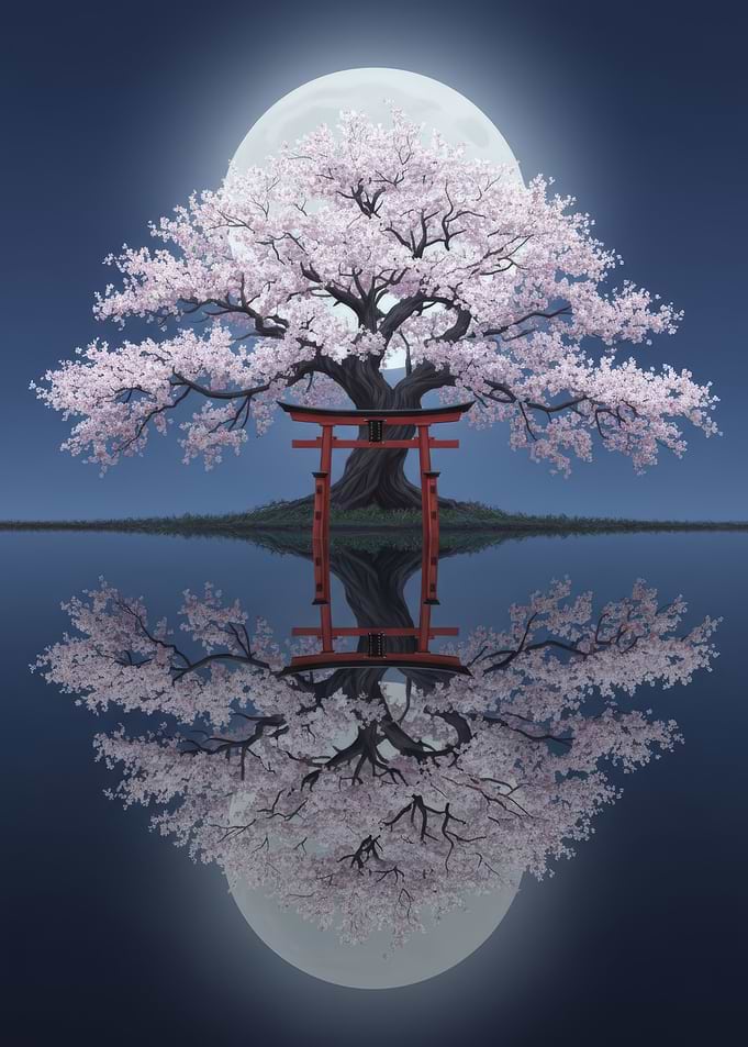 Cherry Blossom Tree and Torii Gate Reflection