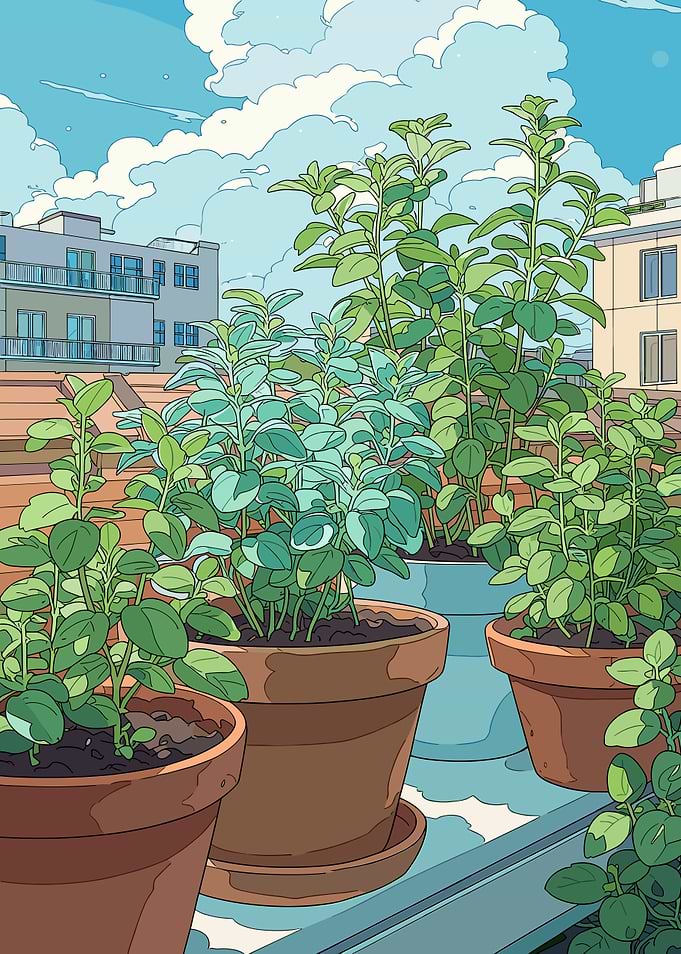 Balcony Herb Garden with Cityscape