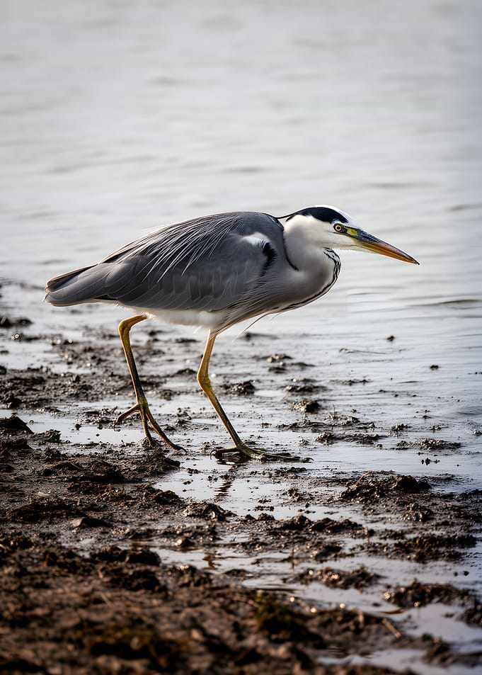 Heron standing on muddy shore
