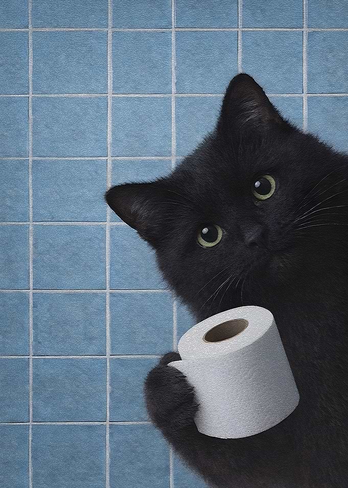 Black cat holding toilet paper are you pooping