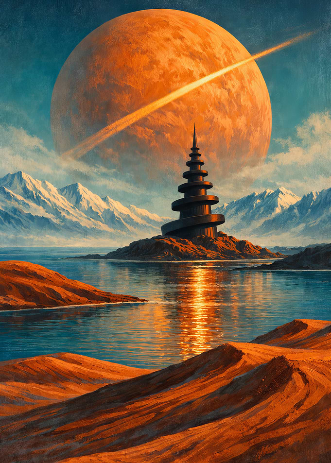 Alien Planet Landscape with Tower and Ringed Planet
