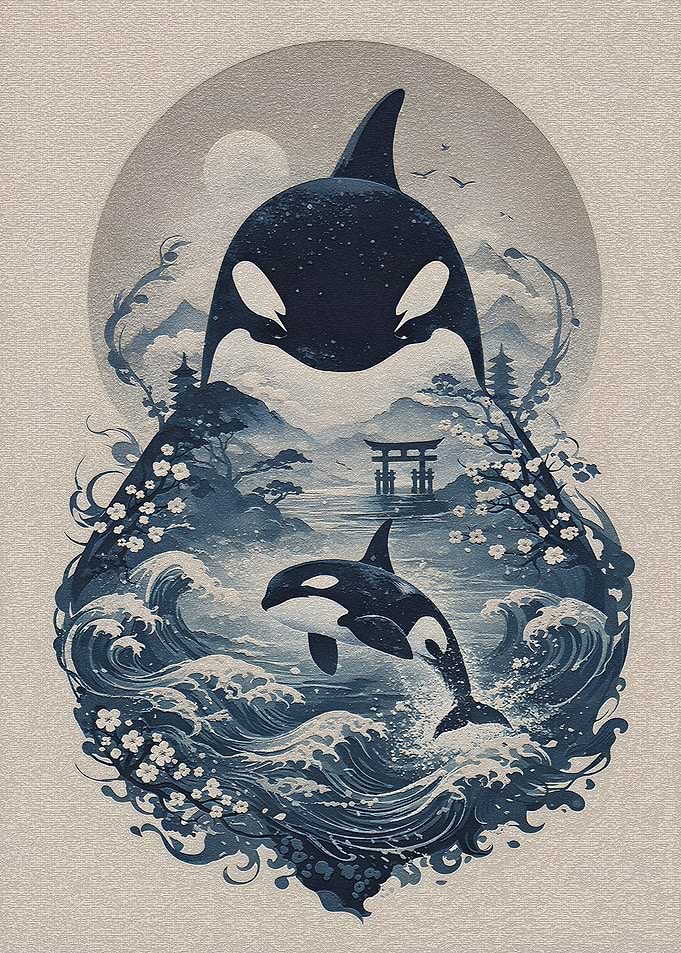 Orcas in Japanese Landscape