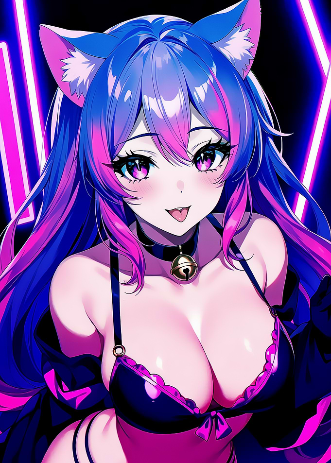 Anime Cat Girl with Pink and Blue Hair