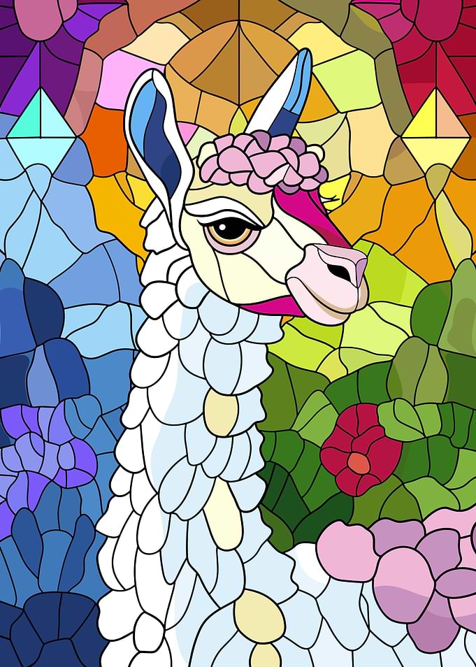 Stained Glass Llama with Flowers
