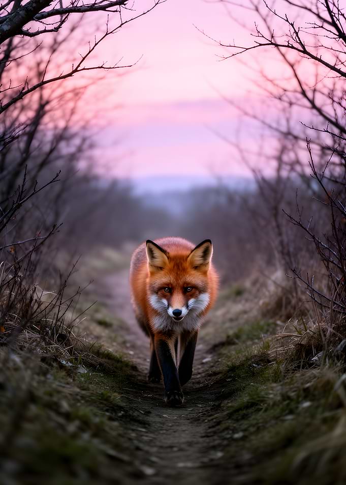Fox walking on a path at sunset