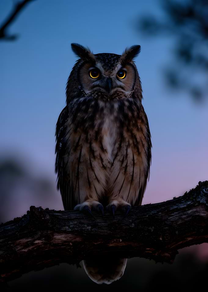 Owl perched on a branch at dusk