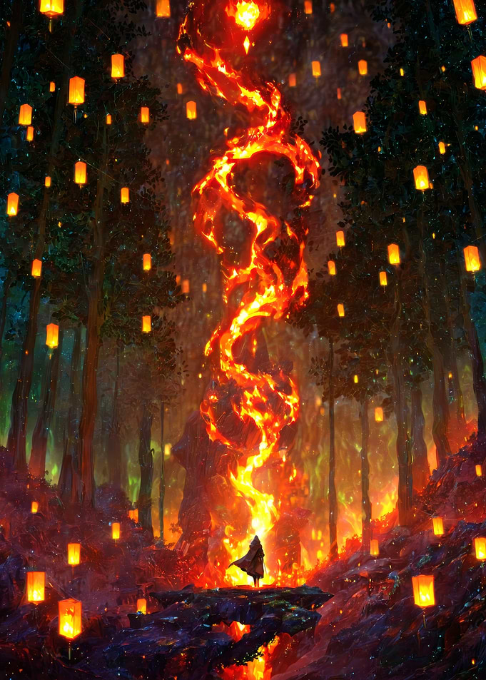 Mystical Forest with Fire Elemental and Lanterns