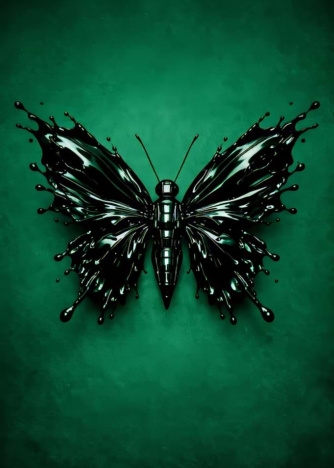 Black Ink Butterfly on Green Background
