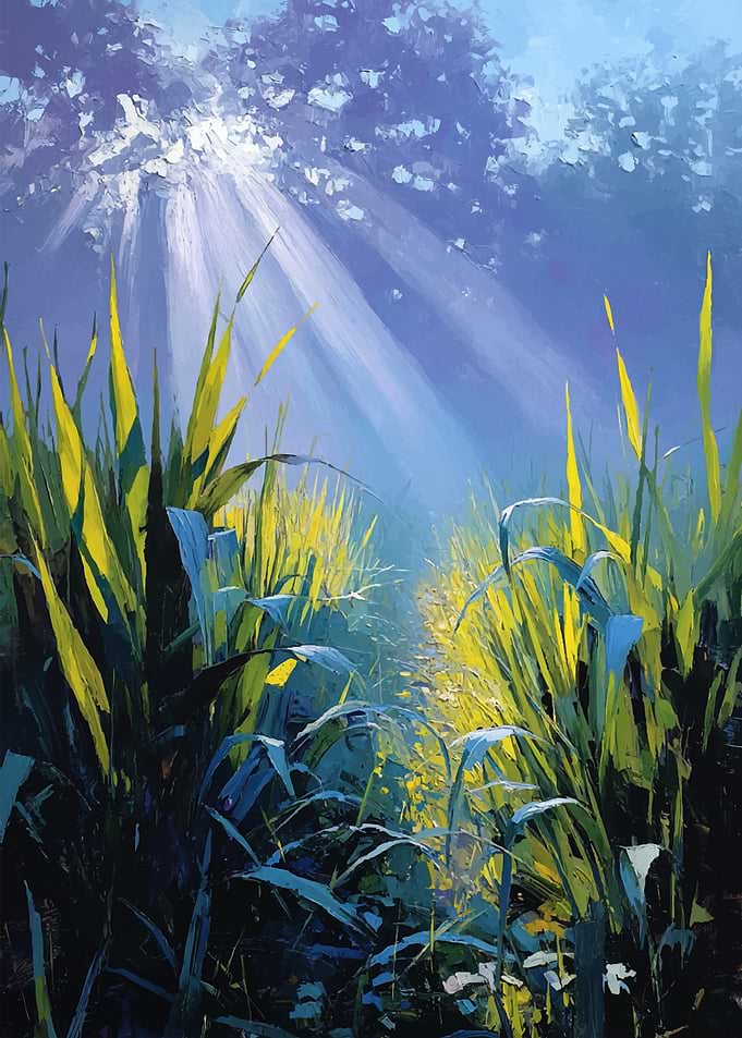 Sunbeams through forest foliage