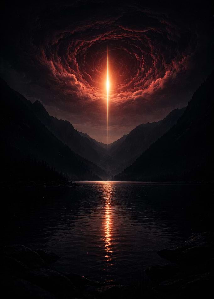 Mystical Light Beam Over Mountain Lake