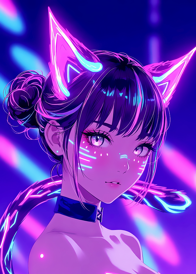 Neon Cat Girl Anime Portrait