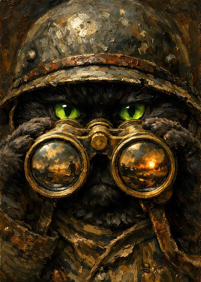Black Cat Animal Soldier Scout Oil Painting