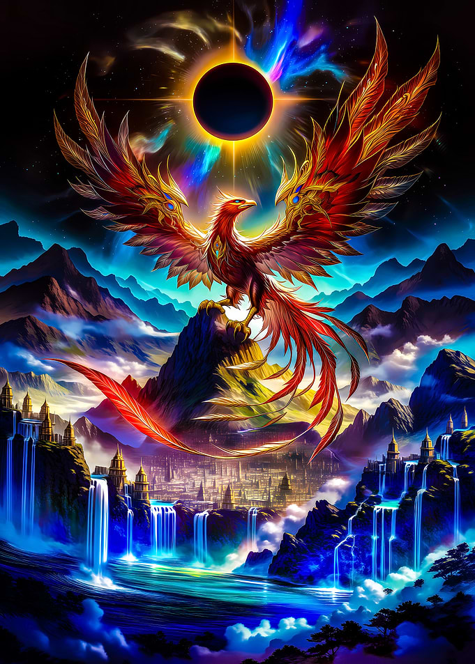 Phoenix Over Fantasy Cityscape