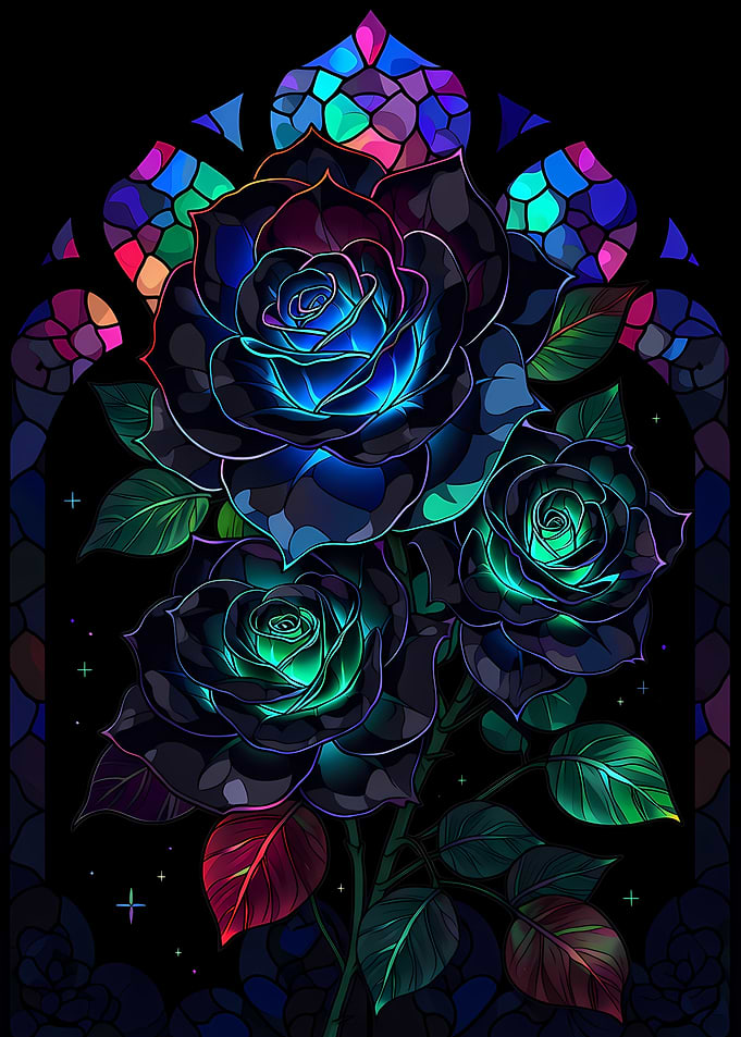 Gothic Black Roses with Stained Glass