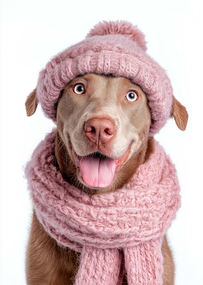 Cozy Chesapeake Bay Retriever Dog in Pink Winter Hat and Scarf