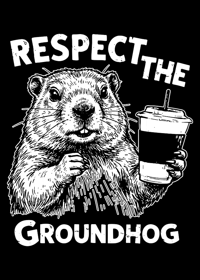 Respect the Groundhog Poster, Funny Groundhog Coffee Art, Black and White Animal Print