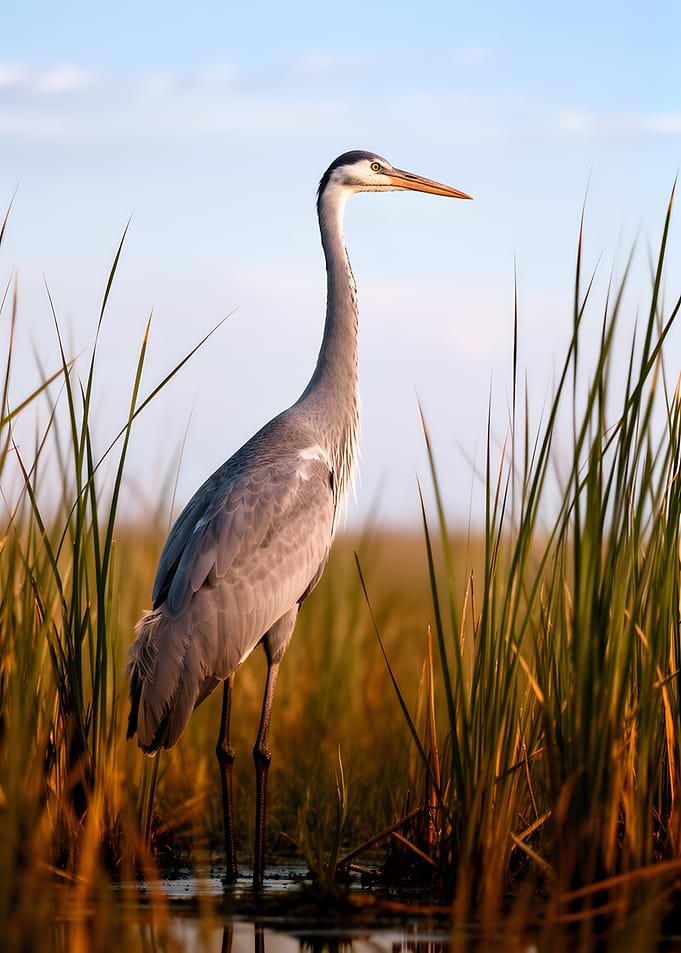 Heron standing in reeds at sunset