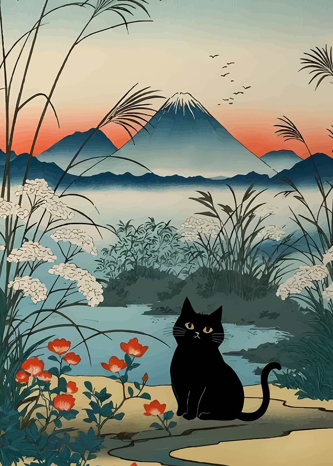 Black Cat with Mount Fuji