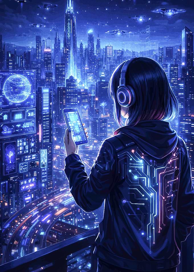 Futuristic Cityscape with Person