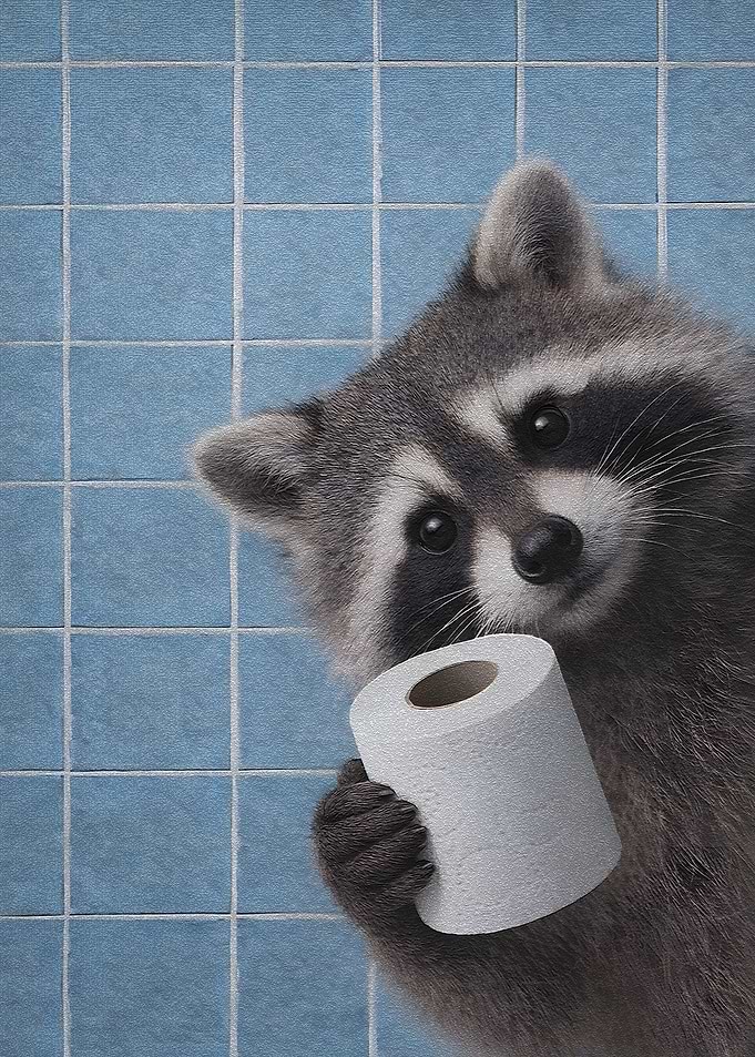 Raccoon Holding Toilet Paper are you pooping