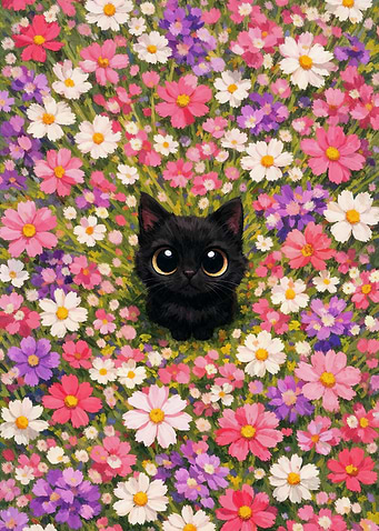 Cute Black Cat in a Field of Flowers