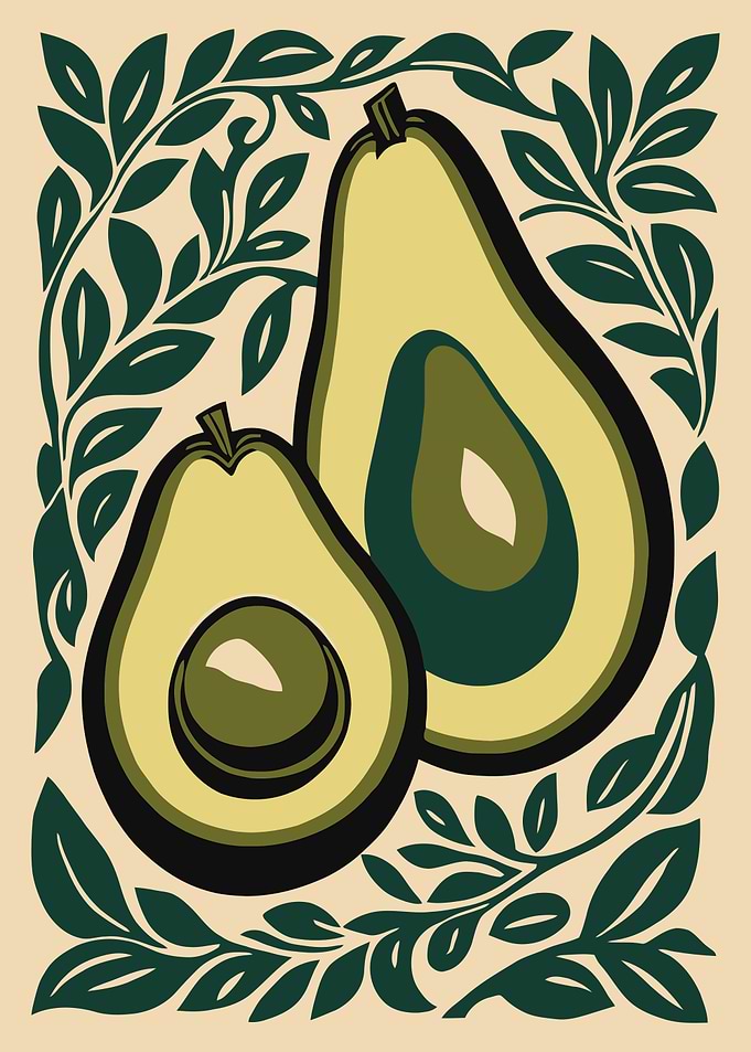 Avocado Halves with Green Leaves