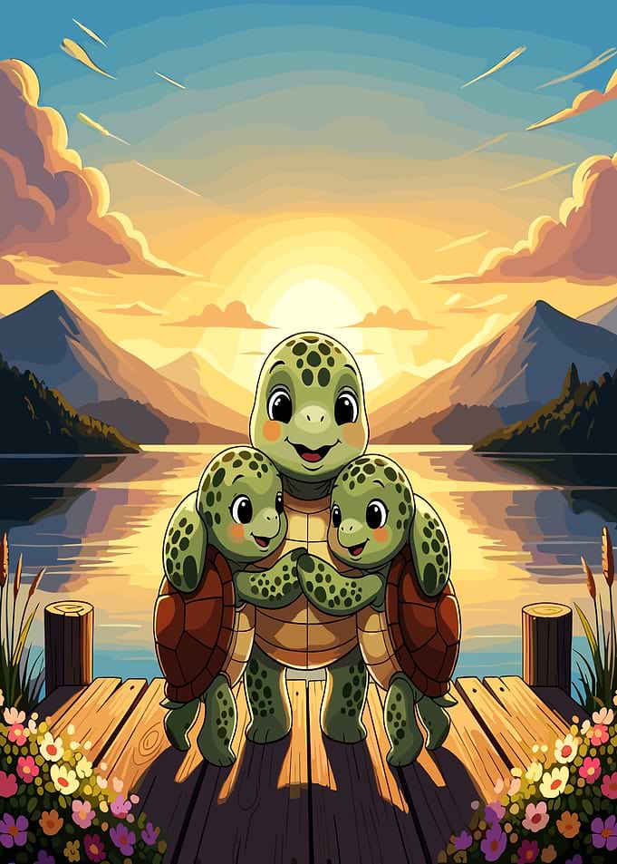 Three Turtles Hugging at Sunset
