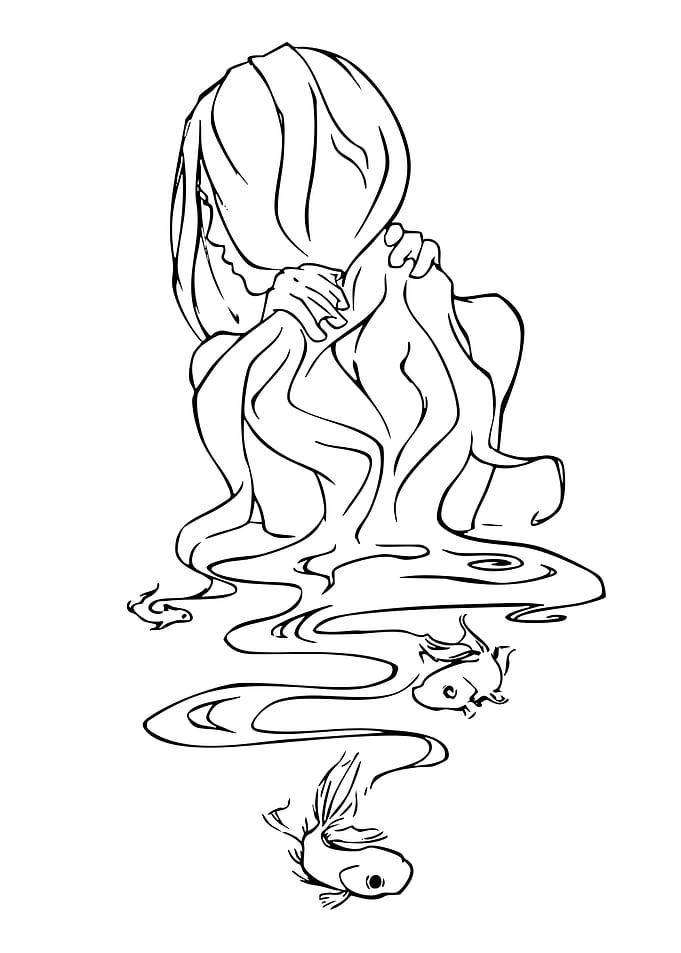 Girl with flowing hair and fish