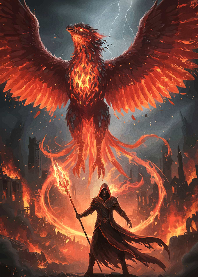 Phoenix and Sorcerer in Fiery City