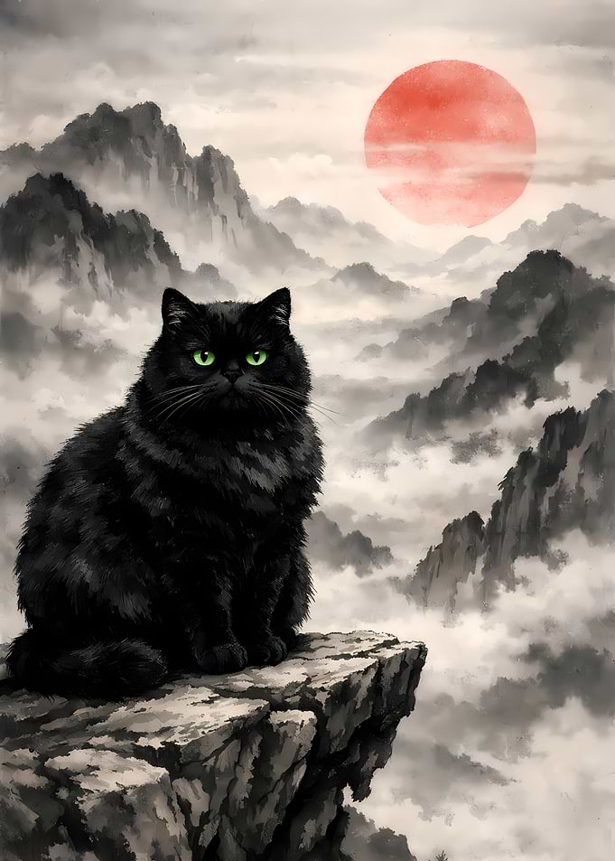 Minimalist Black Cat on Mountain Peak with Red Sun