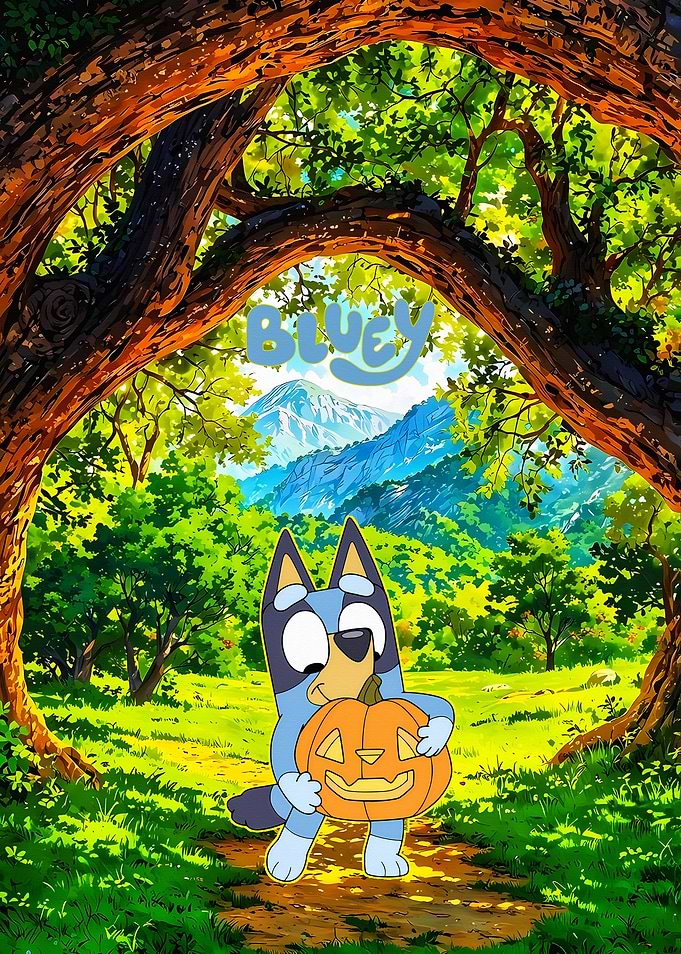 Bluey holding a pumpkin